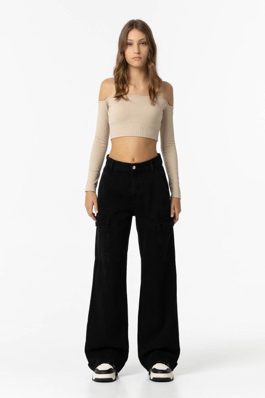 Jean ado fille noir cargo baggy Tiffosi pour ado fille, coupe décontractée, poches pratiques vêtements à petits prix