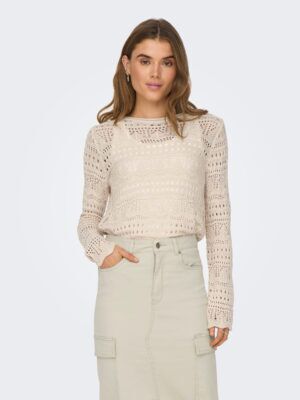 Pull en maille beige JDY pour femme, col bateau, manches longues, finition festonnée livraison à saint Pierre du Mont dans les Landes