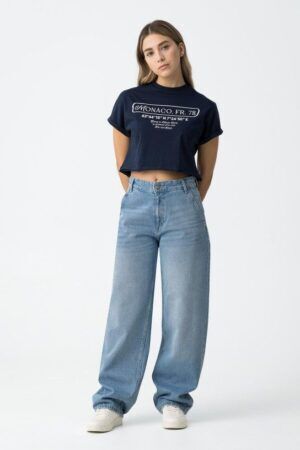 Jean baggy bleu coupe wide balloon Tiffosi ado fille, taille haute, 5 poches, disponible du XXS au S
